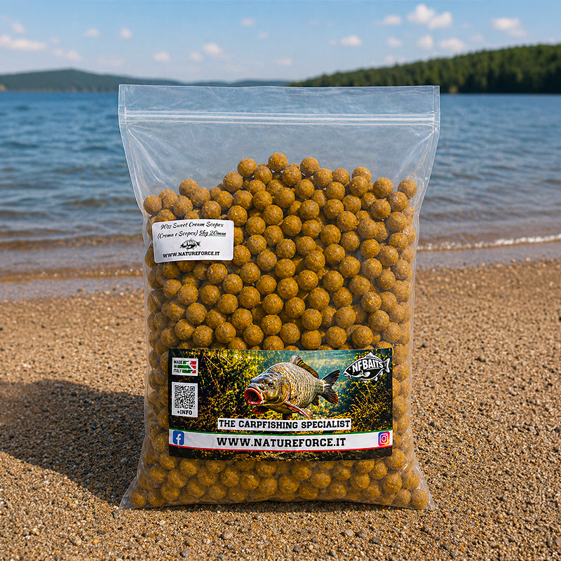 Boilies 90ss Sweet Cream Scopex 5kg 20mm da Pasturazione e Innesco